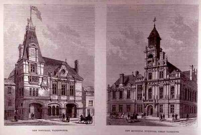 New Town Hall, Wandsworth and the New Municipal Buildings, Great Yarmouth by English School